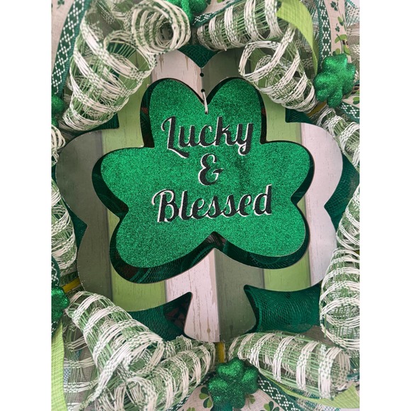 Lucky & Blessed Shamrock Saint Patrick’s Day Mesh Ribbon Wreath Door Hanger - Picture 5 of 8